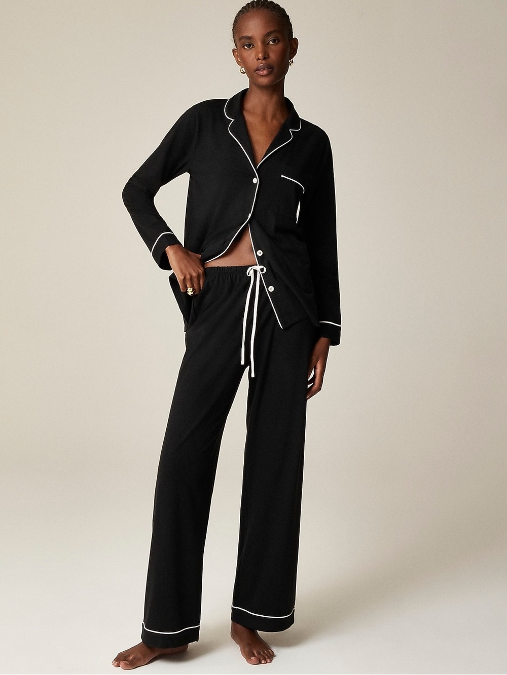 NWOT J.Crew Dreamy Cotton Blend Pajama Pant Set Black White Piping M